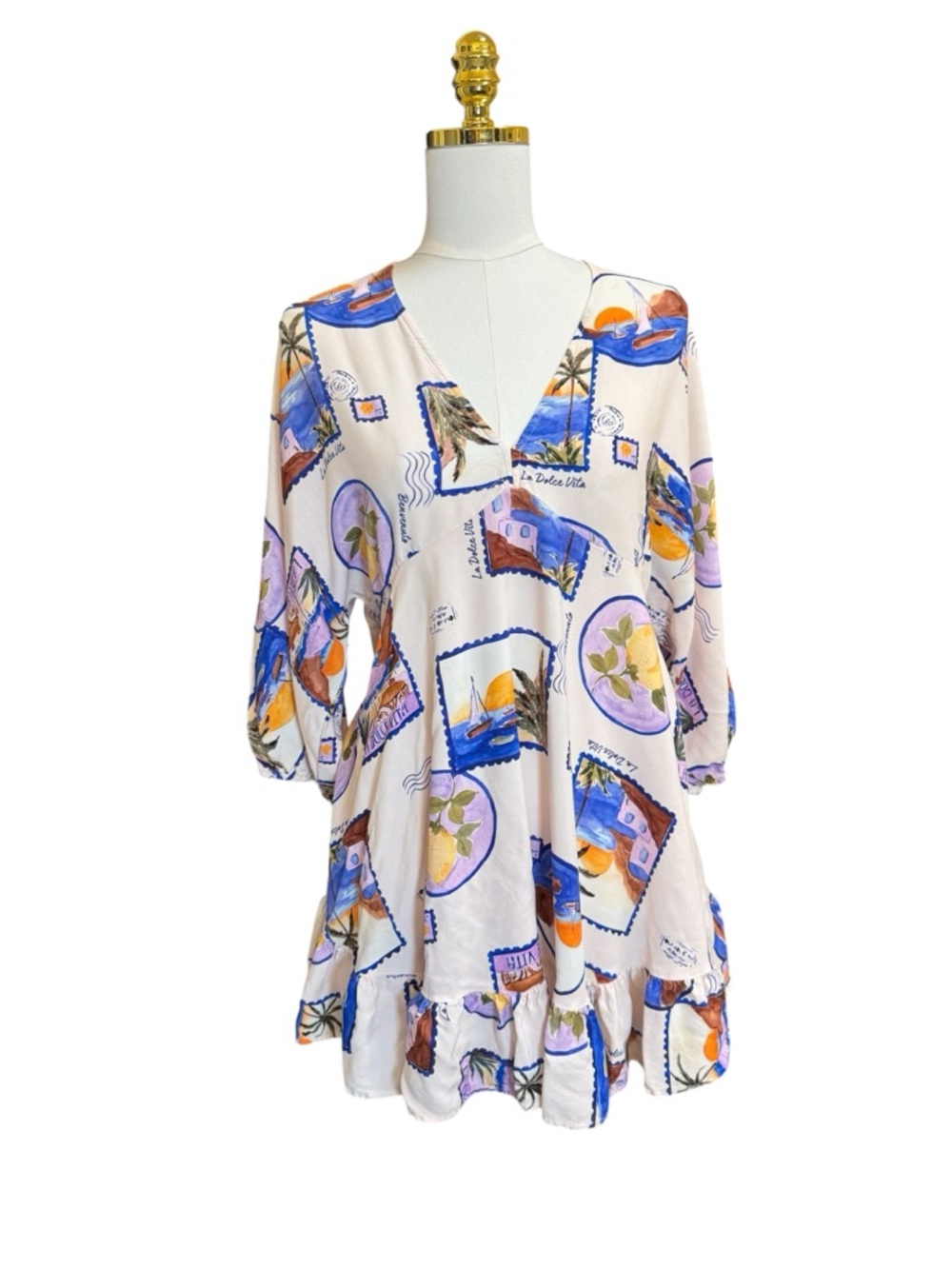 Label of Love Dress M Italy Print Ruffle Hem Flowy V Neck Boho